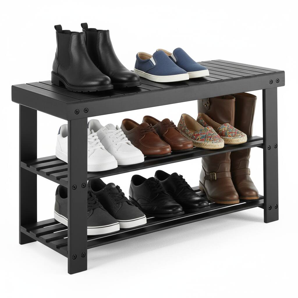 Alt View 6. AOITUN - 3-Tier Bamboo Shoe Rack Bench, 11.3 x 27.6 x 17.8 Inches Compact Storage Organizer with 286lb Capacity, Black - black.