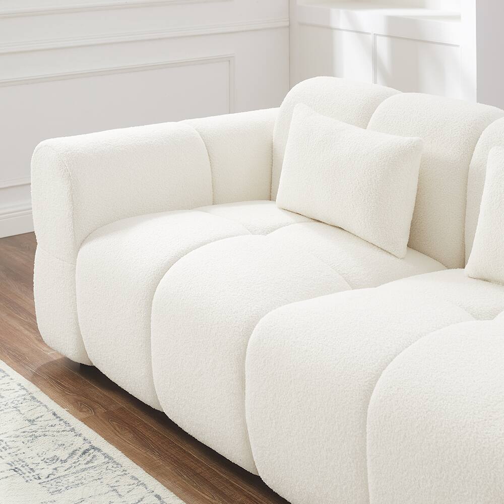 Back. Electra Tech Xpress - 80" Modern Sofa Couch, Comfy Deep Seat Teddy Cloud Sofa, Oversized Loveseat 3-Seater Boucle Couch - White.
