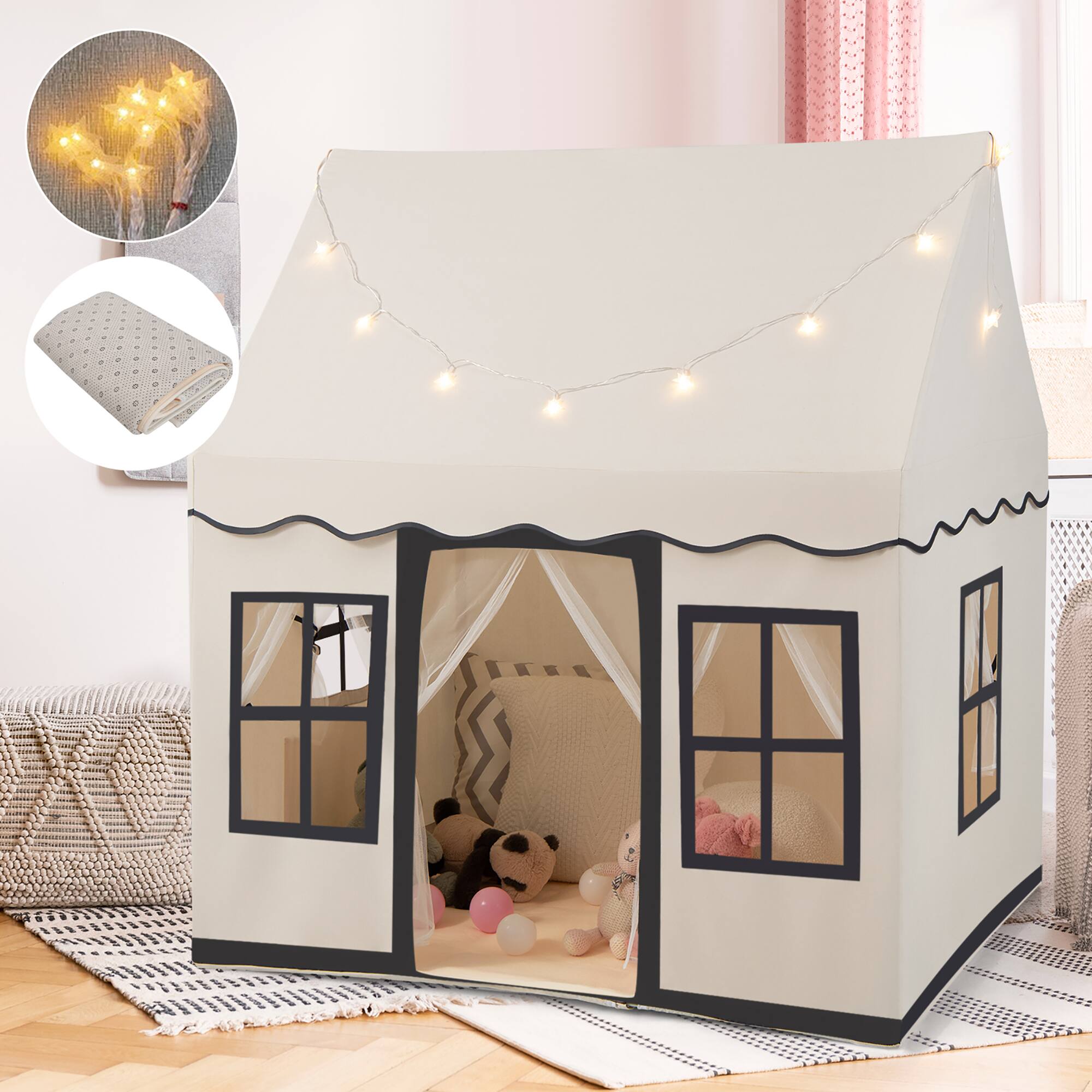 Alt View 1. Costway - Costway Kids Play Castle Tent Large Playhouse Toys Gifts w/ Star Lights Washable Mat - Beige.
