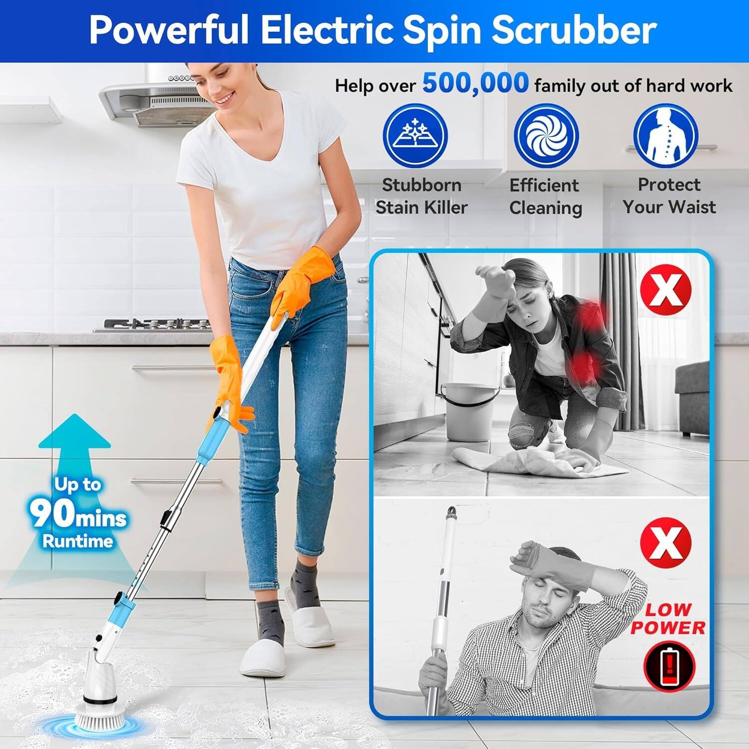 Powerful Electric Spin Scrubber

Help over 500,000 family out of hard work

- Stubborn Stain Killer
- Efficient Cleaning
- Protect Your Waist

Up to 90 mins Runtime

LOW POWER