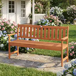 Costway - 59" Outdoor Wood Garden Bench with Pull-Out Center Table, Backrest & Armrests - Natural