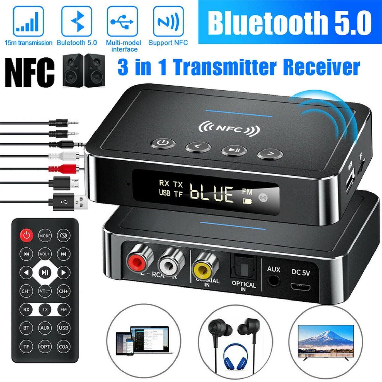 Bluetooth 5.0  
15m transmission  
Multi-model interface  
Support NFC  

NFC  
3 in 1 Transmitter Receiver  

Features:  
- 15m transmission  
- Bluetooth 5.0  
- Multi-model interface  
- Support NFC  

Inputs/Outputs:  
- USB  
- TF  
- RCA  
- AUX  
- Optical IN  
- DC 5V  

Modes:  
- RX  
- TX  
- FM  
- BT  
- AUX  
- USB  
- TF  
- OPT  
- COA  

Controls:  
- VOL+  
- VOL-  
- CH+  
- CH-  
- MODE  

Additional:  
- Optical IN  
- AUX  
- DC 5V