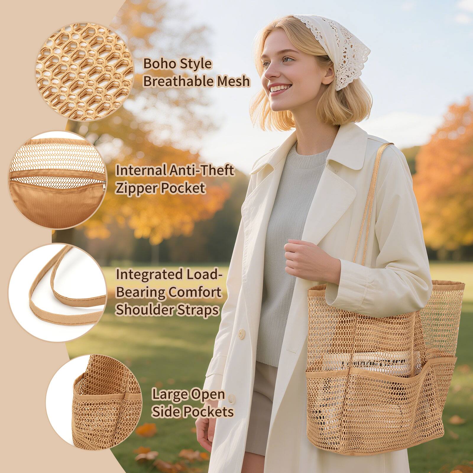 - Boho Style Breathable Mesh
- Internal Anti-Theft Zipper Pocket
- Integrated Load-Bearing Comfort Shoulder Straps
- Large Open Side Pockets