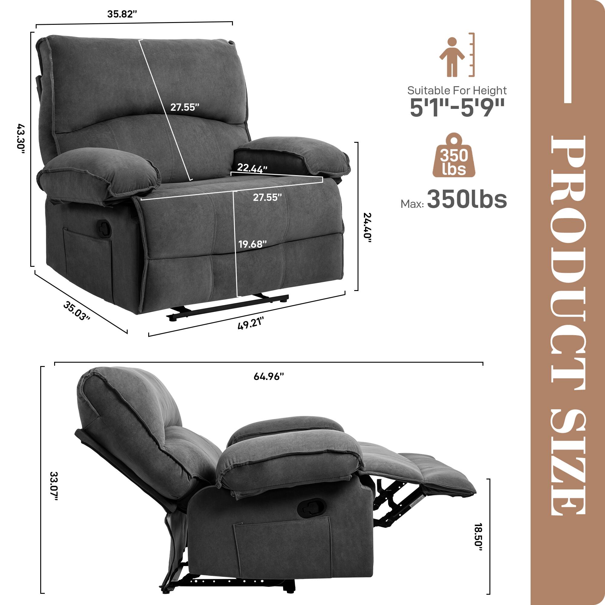 Sure, here is the corrected and grouped text from the image:

---

**PRODUCT SIZE**

- **Dimensions:**
  - Width: 43.30"
  - Depth: 35.82"
  - Height: 35.03"
  - Seat Height: 22.44"
  - Seat Depth: 27.55"
  - Arm Height: 27.55"
  - Back Height: 35.82"
  - Armrest Height: 27.55"
  - Overall Height: 49.21"
  - Overall Depth: 64.96"
  - Overall Width: 45.03"
  - Reclined Depth: 64.96"
  - Reclined Width: 33.07"
  - Reclined Height: 18.50"

- **Suitable For Height:**
  - 5'1" - 5'9"

- **Max Weight Capacity:**
  - 350 lbs

---
