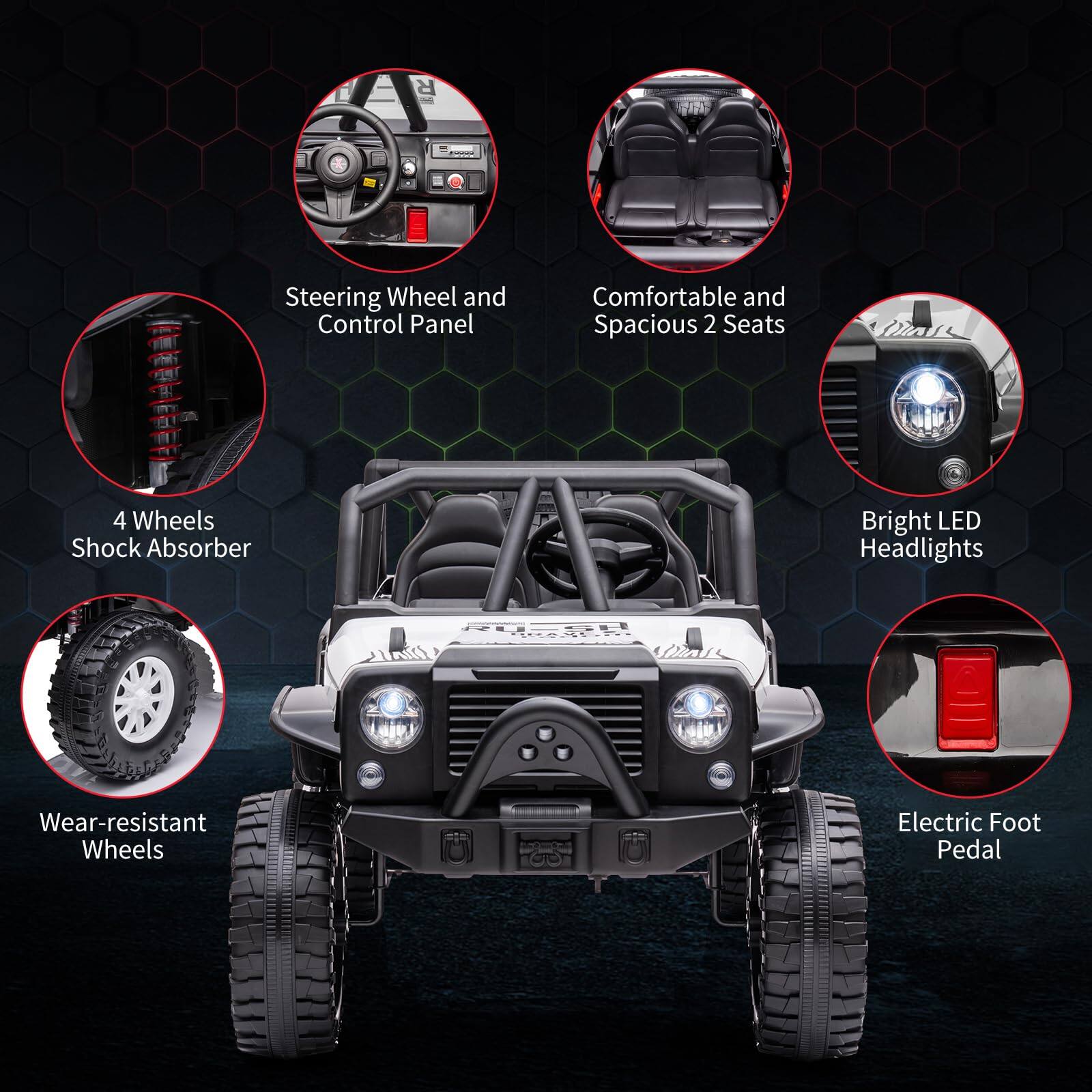 - Steering Wheel and Control Panel
- Comfortable and Spacious 2 Seats
- 4 Wheels Shock Absorber
- Bright LED Headlights
- Wear-resistant Wheels
- Electric Foot Pedal