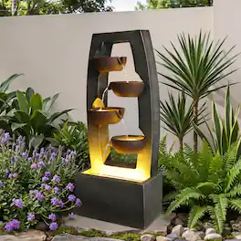 Anysun - Outdoor Rock Water Fountain with Lights – 4-Tier Rectangular Cascading Waterfall Resin Garden Fountain for Landscape - Gray