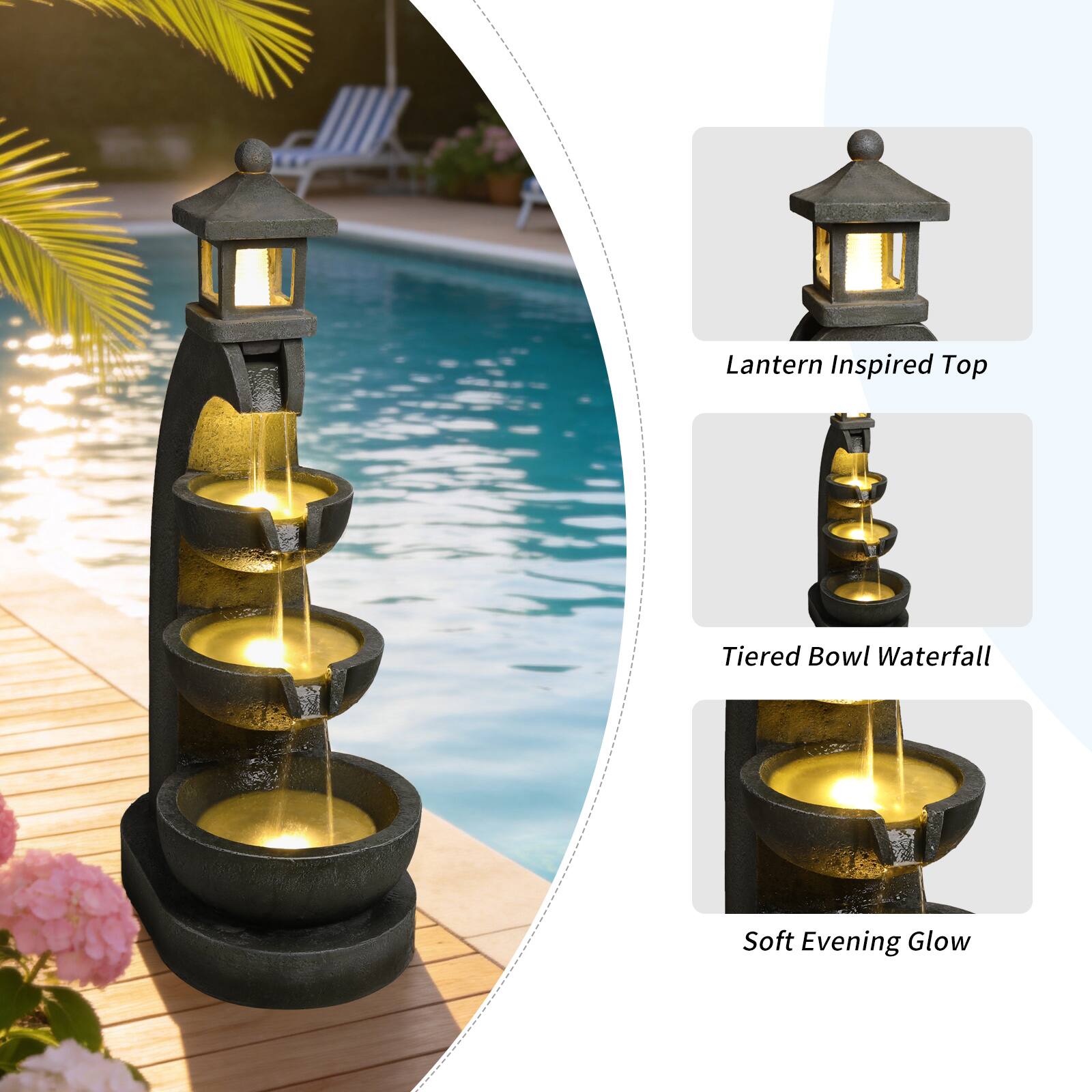 Lantern Inspired Top  
Tiered Bowl Waterfall  
Soft Evening Glow
