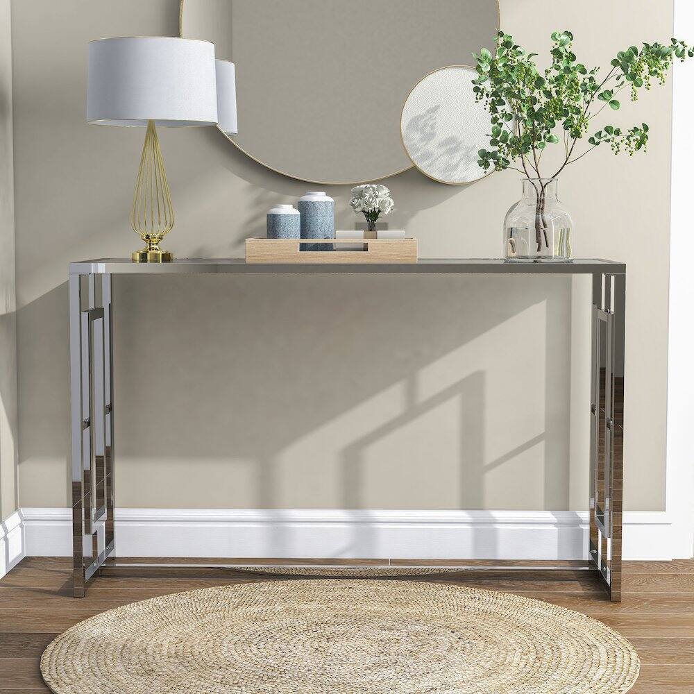 Alt View 4. Furniture of America - Harper Metal Chrome Sofa Table with Pattern Top in Chrome - Silver.