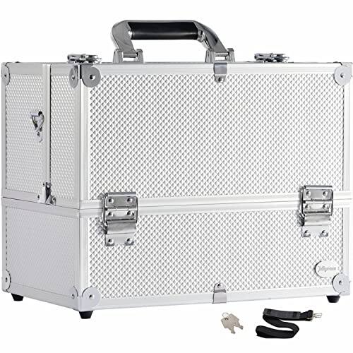 Fabibe - Makeup Case Professional Adjustable - 6 Trays Cases Storage Organizer Box with Lock and Compartments 14 Inch Large Black - Silvery White