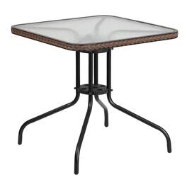 Emma + Oliver - 28" Square Tempered Glass Metal Table with Rattan Edging - Clear Top/Dark Brown Frame