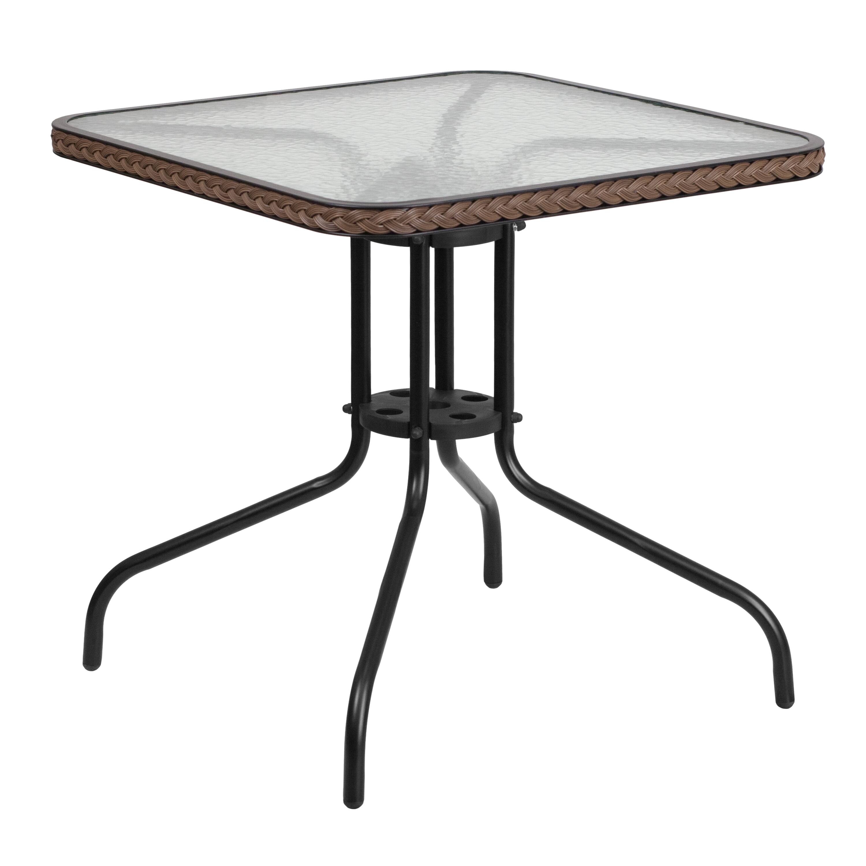 Front. Emma + Oliver - 28" Square Tempered Glass Metal Table with Rattan Edging - Clear Top/Dark Brown Frame.