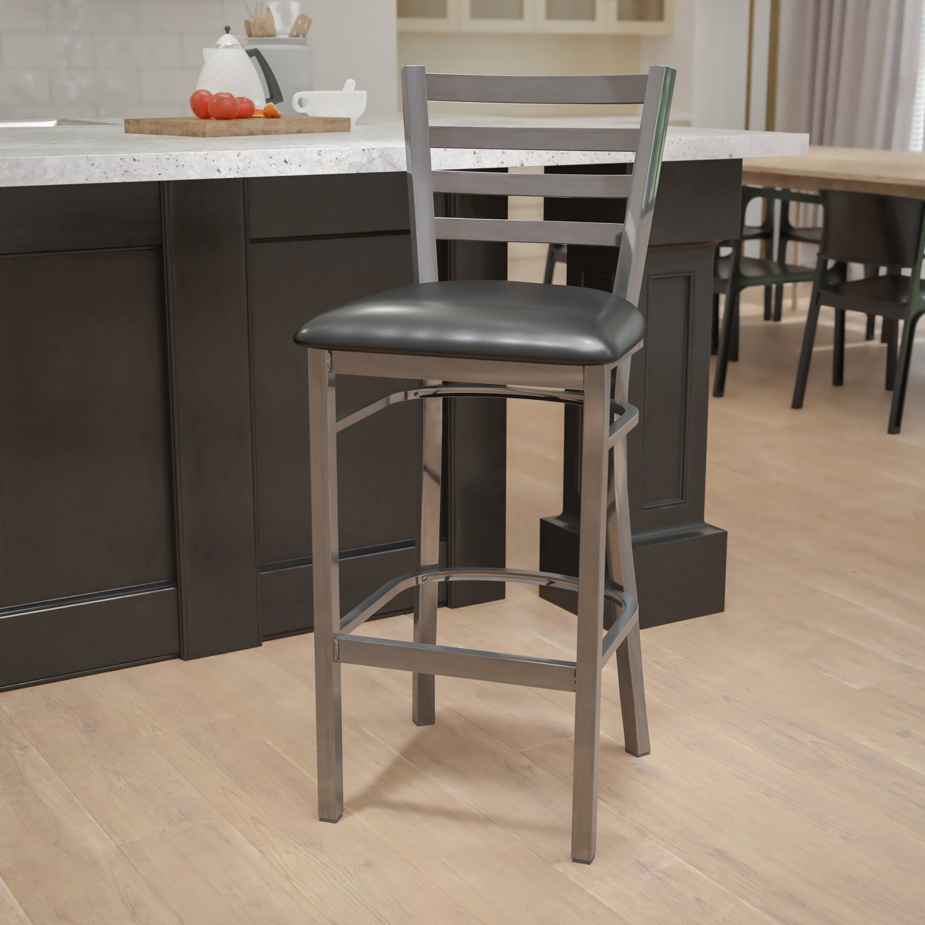 Alt View 1. Emma + Oliver - Clear Coated Ladder Back Metal Restaurant Dining Barstool - Black Vinyl Seat/Clear Coated Metal Frame.