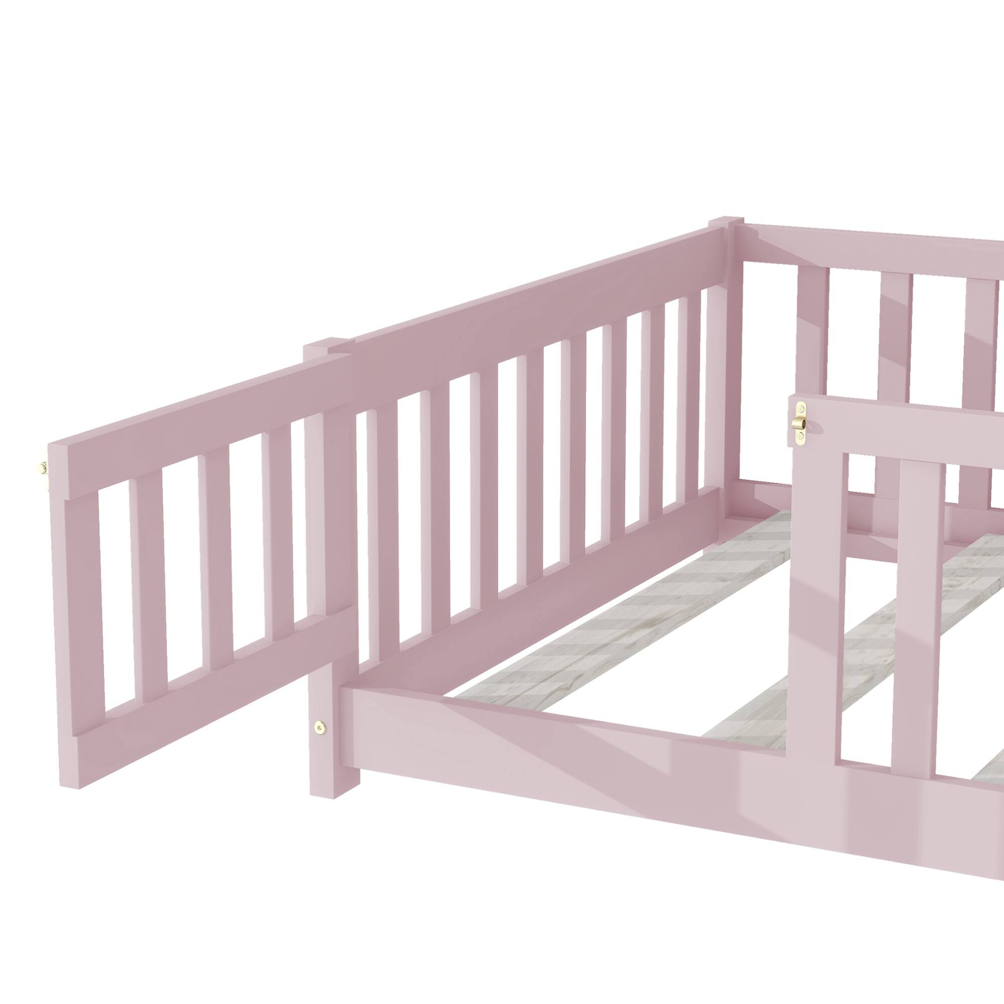 Alt View 6. GOODSILO - Twin Size Low-Profile Children's Floor Bed with Safety Guardrails and Entry Door, Natural Wood Finish - Pink.