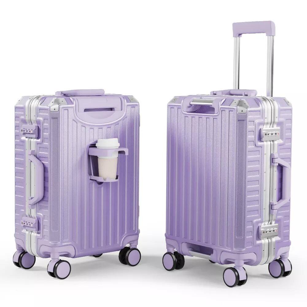 Angle. SKONYON - 20" Zipperless Aluminum Frame Carry On Suitcase with Spinner Wheels and TSA Lock - Purple.