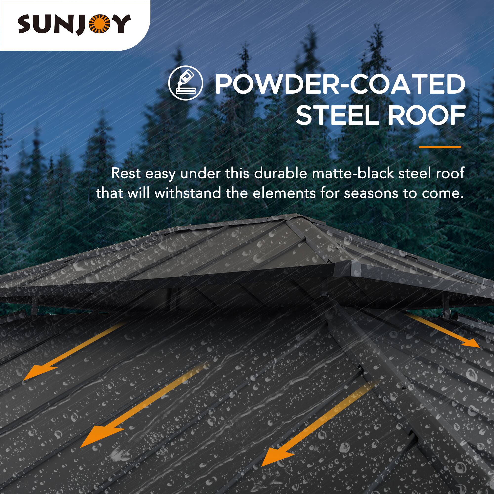 SUNJOY POWDER-COATED STEEL ROOF

Rest easy under this durable matte-black steel roof that will withstand the elements for seasons to come.