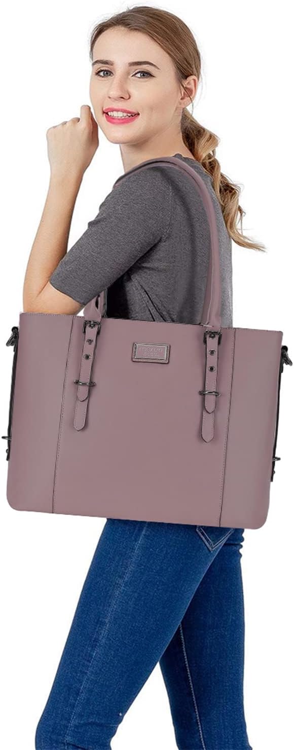 Angle. mosiso - Waterproof PU Leather Laptop Bag for Women 17.3 Inch, Vintage Briefcase Shoulder Tote Computer Bag for Work & Office - Purple.