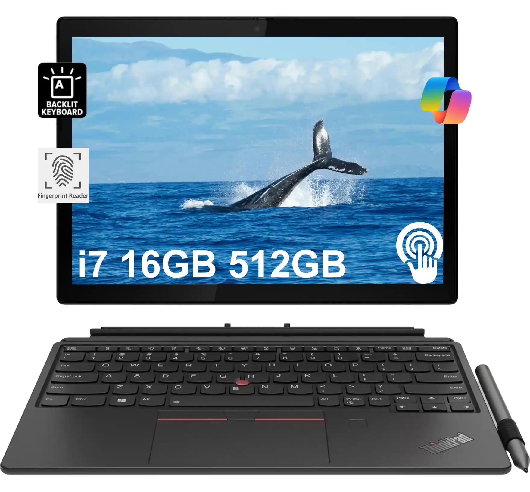 A backlit keyboard, fingerprint reader, i7, 16GB, 512GB.