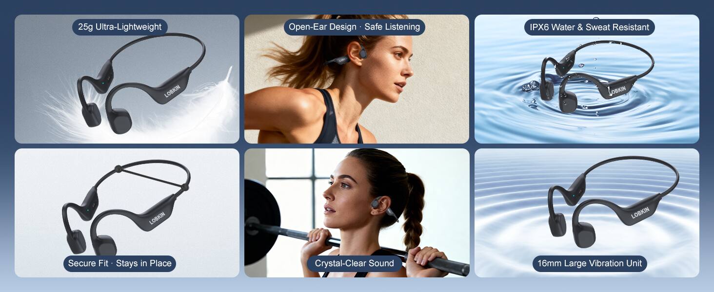 25g Ultra-Lightweight Open-Ear Design Safe Listening IPX6 Water & Sweat Resistant LOBKIN Secure Fit Stays in Place Crystal-Clear Sound 16mm Large Vibration Unit