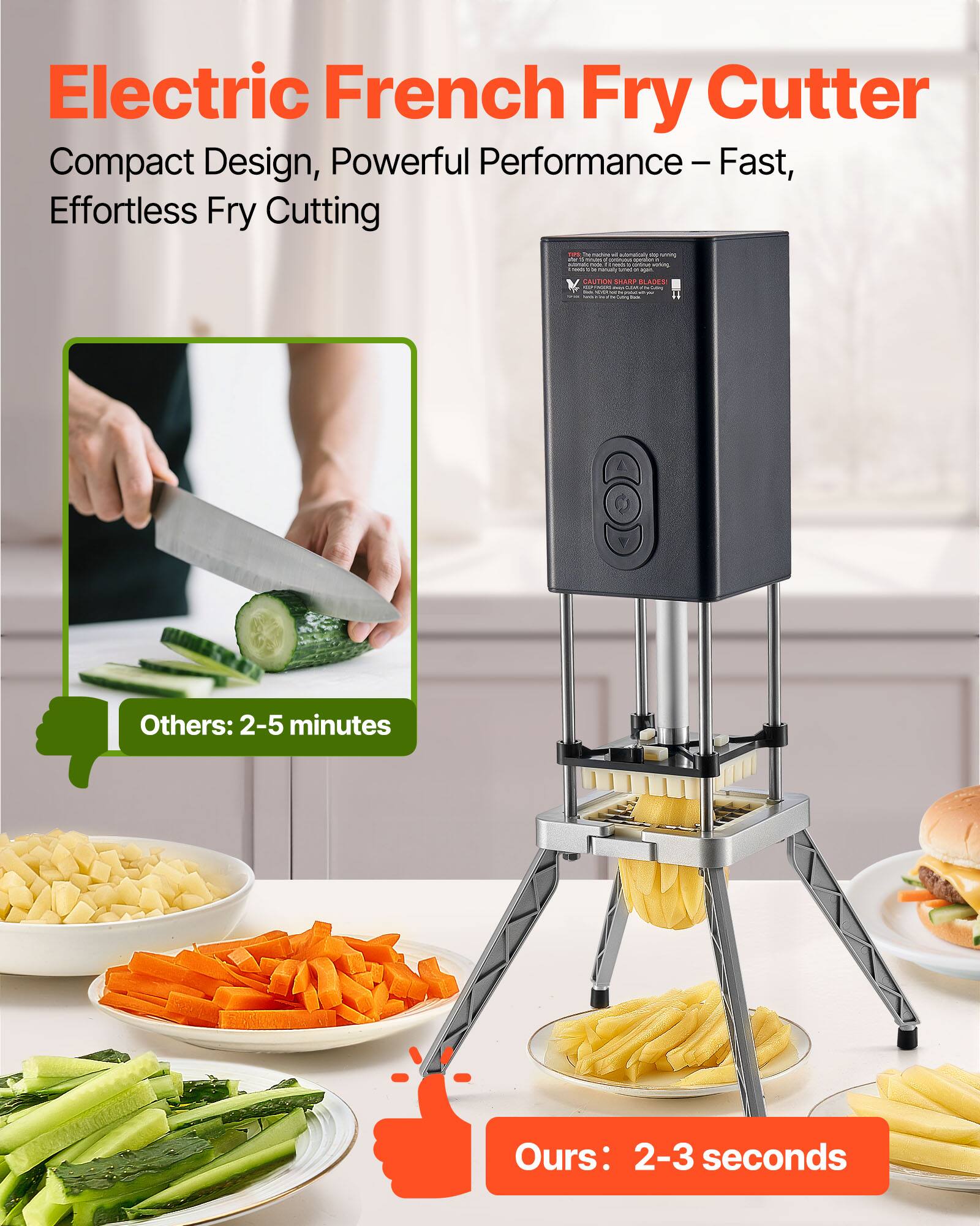 Electric French Fry Cutter  
Compact Design, Powerful Performance – Fast, Effortless Fry Cutting  

Others: 2-5 minutes  

Ours: 2-3 seconds
