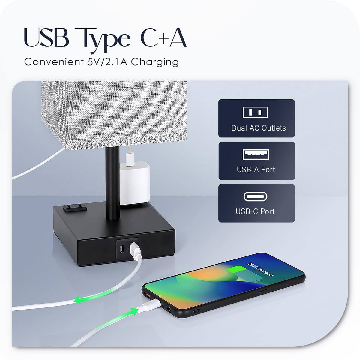 USB Type C+A  
Convenient 5V/2.1A Charging  

- Dual AC Outlets  
- USB-A Port  
- USB-C Port  

29% Charged