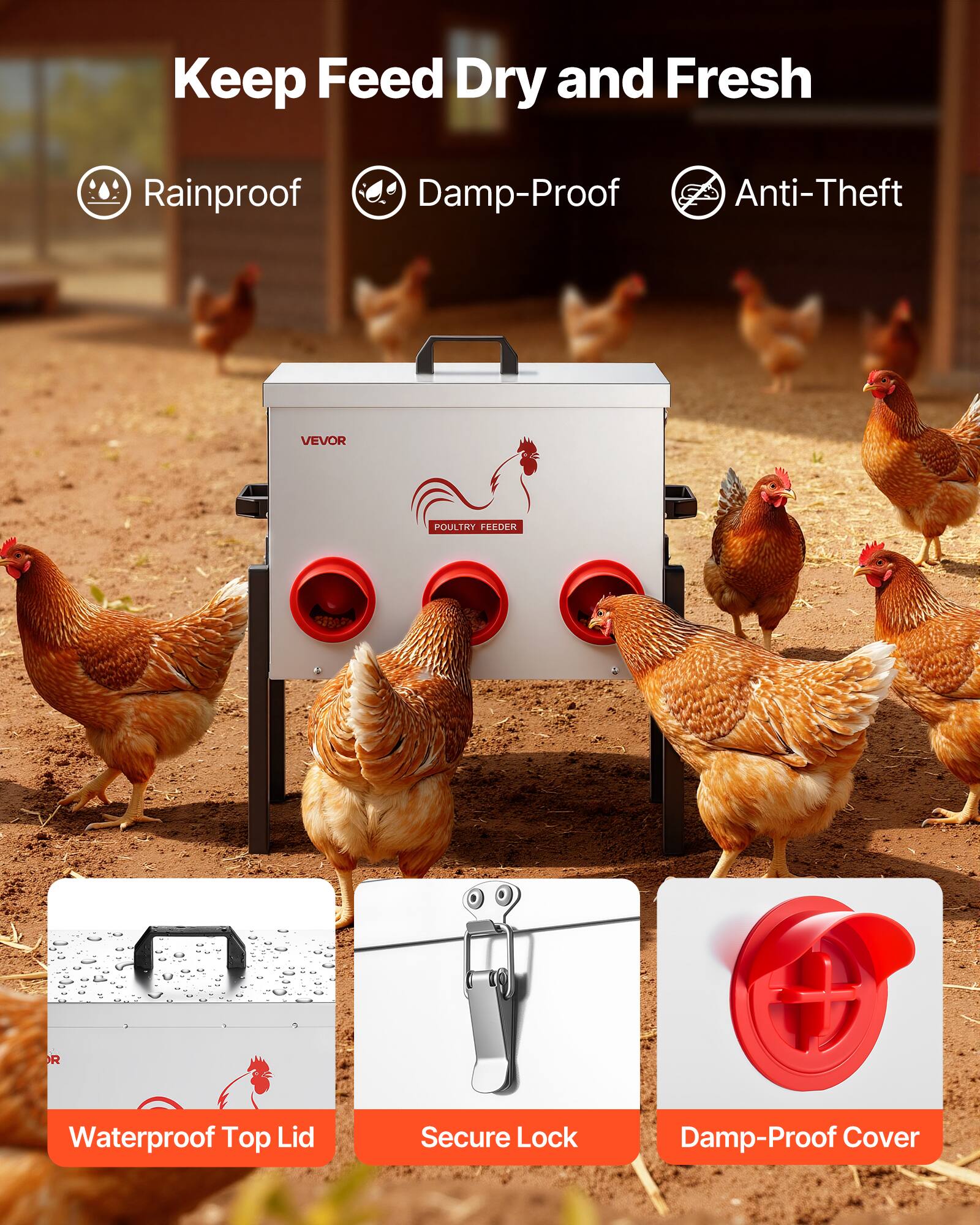 Keep Feed Dry and Fresh

- Rainproof
- Damp-Proof
- Anti-Theft

VEVOR POULTRY FEEDER

- Waterproof Top Lid
- Secure Lock
- Damp-Proof Cover