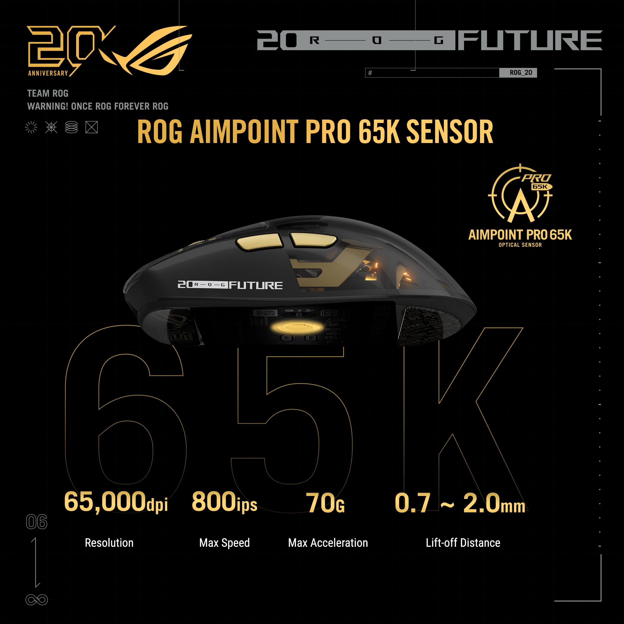 2020 R G FUTURE ANNIVERSARY  
TEAM ROG  
WARNING! ONCE ROG FOREVER ROG  

ROG AIMPOINT PRO 65K SENSOR  
AIMPOINT PRO 65K OPTICAL SENSOR  

65,000dpi  
800ips  
70G  
0.7 ~ 2.0mm  

Resolution  
Max Speed  
Max Acceleration  
Lift-off Distance
