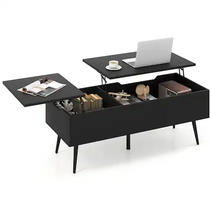 Front. Gymax - Gymax Lift Top Coffee Table w/ Split Top & 2 Hidden Compartments Tapered Metal Legs - Black.