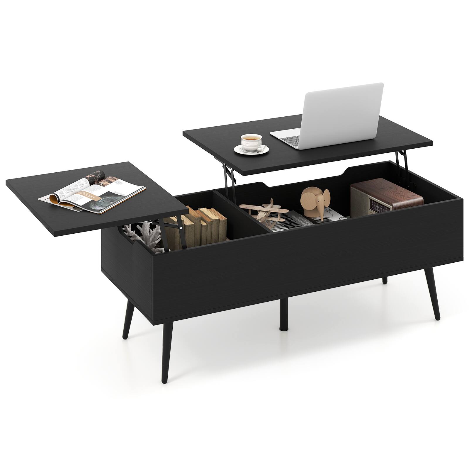 Gymax - Lift Top Coffee Table w/ Split Top & 2 Hidden Compartments Tapered Metal Legs - Black