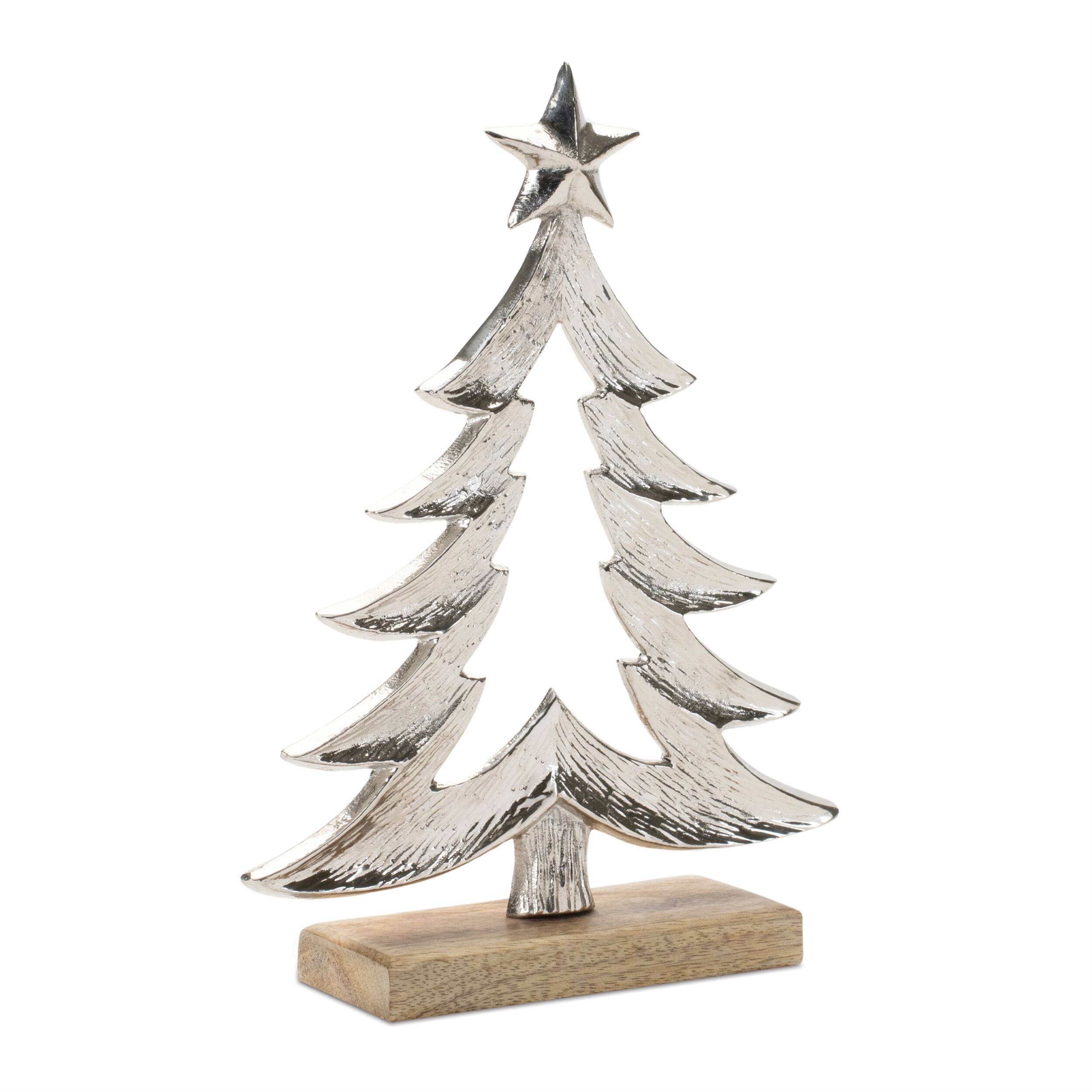 Angle. BreeBe - Metal Christmas Tree with Wood Base (Set of 2) - Gray, Beige.