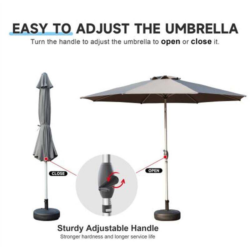 EASY TO ADJUST THE UMBRELLA  
Turn the handle to adjust the umbrella to open or close it.  
CLOSE OPEN  
Sturdy Adjustable Handle  
Stronger hardness and longer service life