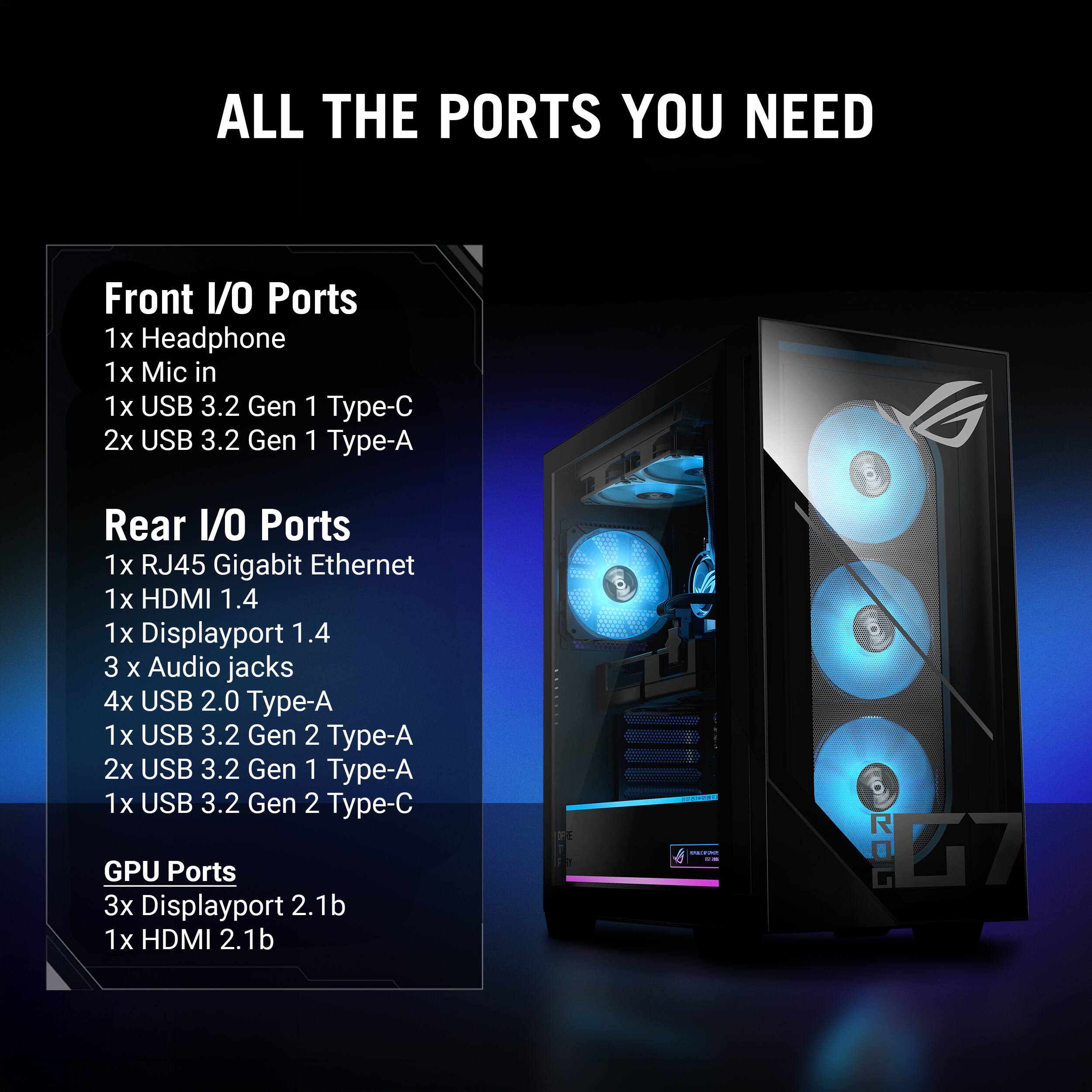 ALL THE PORTS YOU NEED

Front I/O Ports
1x Headphone
1x Mic in
1x USB 3.2 Gen 1 Type-C
2x USB 3.2 Gen 1 Type-A

Rear I/O Ports
1x RJ45 Gigabit Ethernet
1x HDMI 1.4
1x Displayport 1.4
3 x Audio jacks
4x USB 2.0 Type-A
1x USB 3.2 Gen 2 Type-A
2x USB 3.2 Gen 1 Type-A
1x USB 3.2 Gen 2 Type-C

GPU Ports
3x Displayport 2.1b
1x HDMI 2.1b