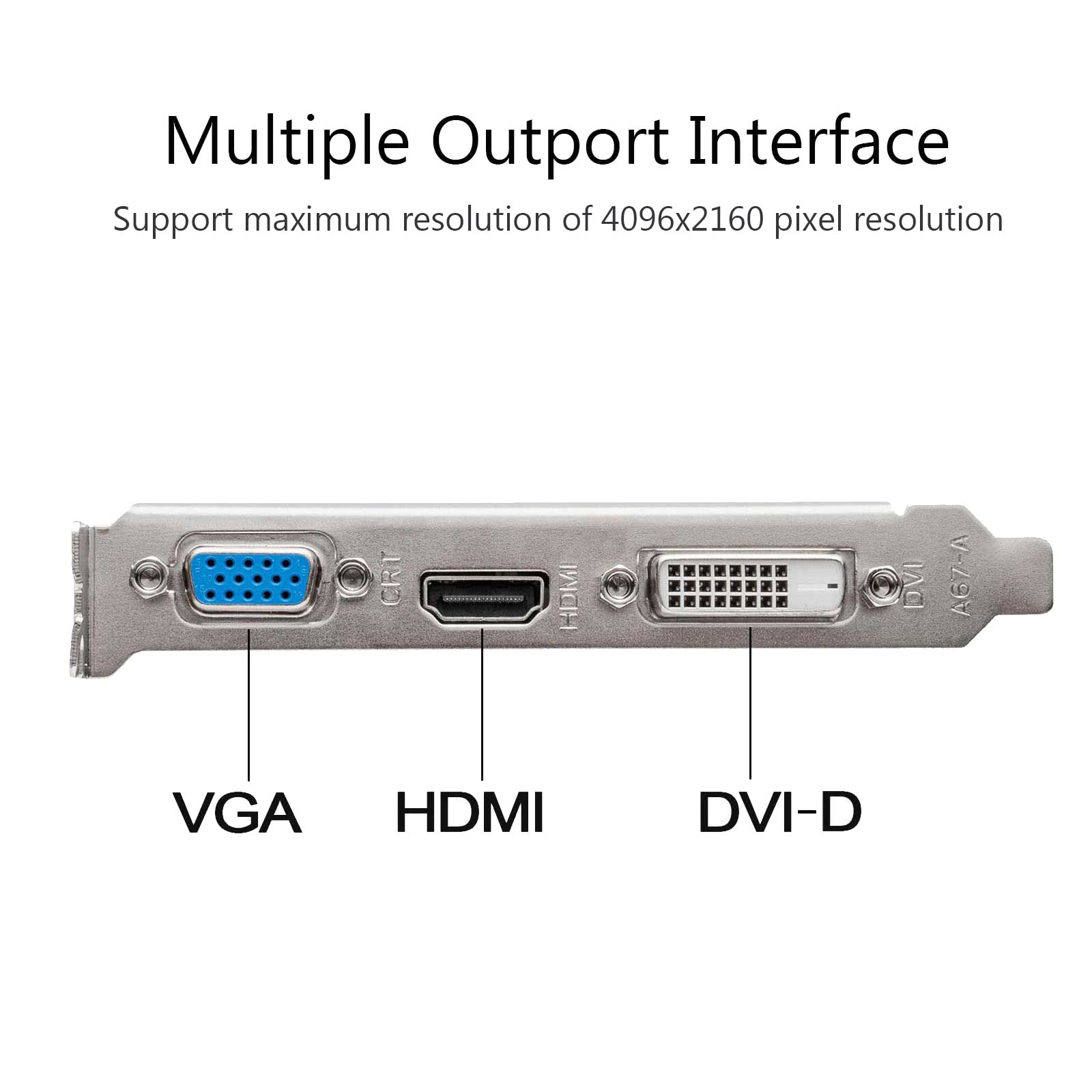 Multiple Outport Interface  
Support maximum resolution of 4096x2160 pixel resolution  

VGA  
HDMI  
DVI-D