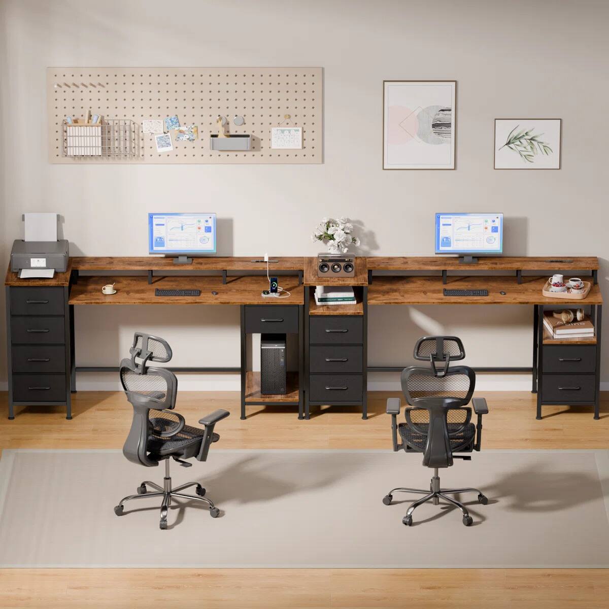 Alt View 4. Furnulem - 55 Inches Computer Desk with Monitor Stand Charging Station  LED Lights Gaming Desk with Drawers for Home Office - Brown.
