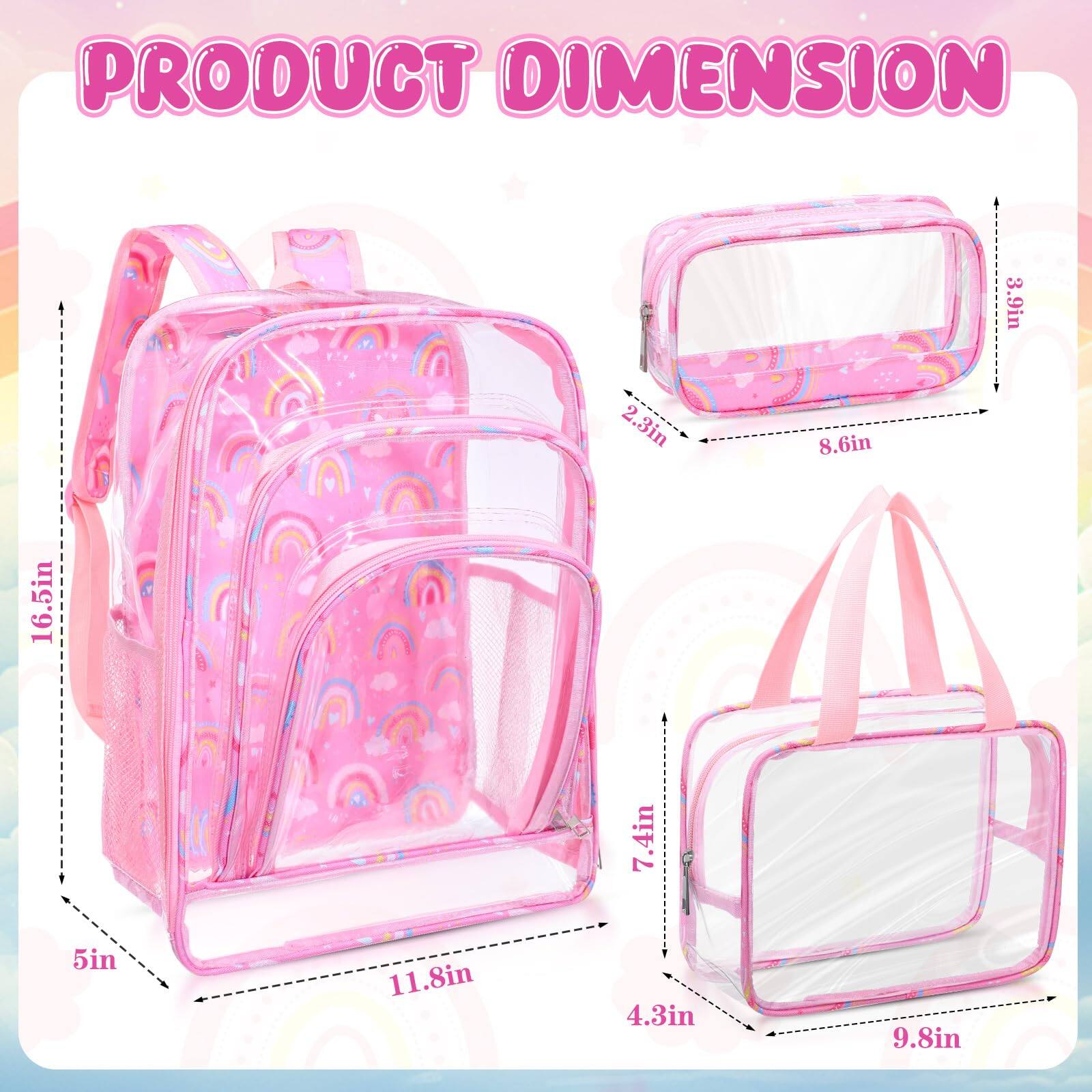 Left. Cozy Serene - 3 Clear To School Backpack For Girlslunch Bag Heavy Duty Transparent Rainbow Pink Bookbags With Lunch Box Pencil Case - Default.