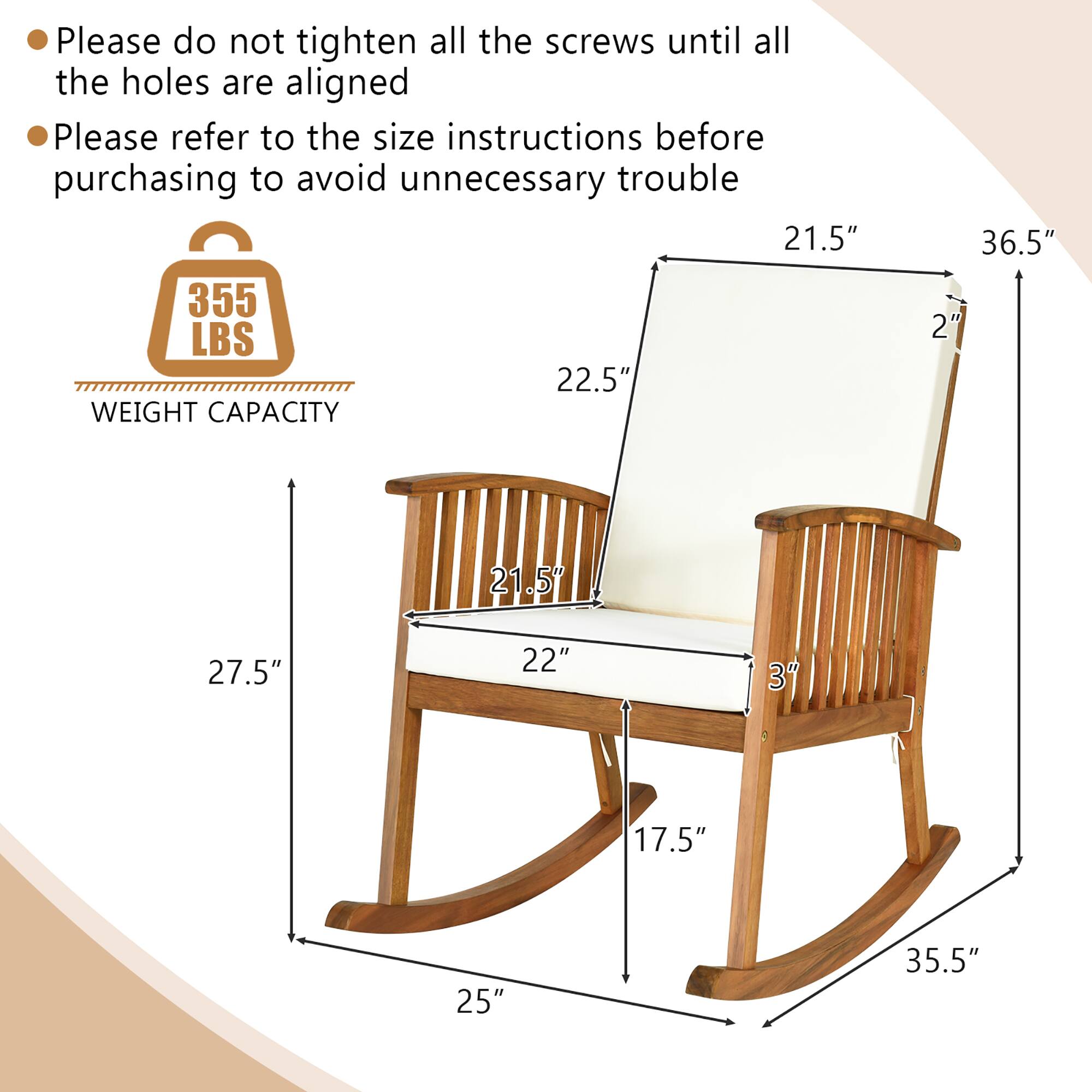 - Please do not tighten all the screws until all the holes are aligned
- Please refer to the size instructions before purchasing to avoid unnecessary trouble

355 LBS WEIGHT CAPACITY

Dimensions:
- 21.5" (height of the backrest)
- 22.5" (height of the seat)
- 27.5" (height of the side)
- 25" (depth of the seat)
- 36.5" (width of the backrest)
- 22" (width of the seat)
- 35.5" (width of the base)
- 3" (thickness of the backrest)
- 17.5" (depth of the base)
- 2" (thickness of the seat)