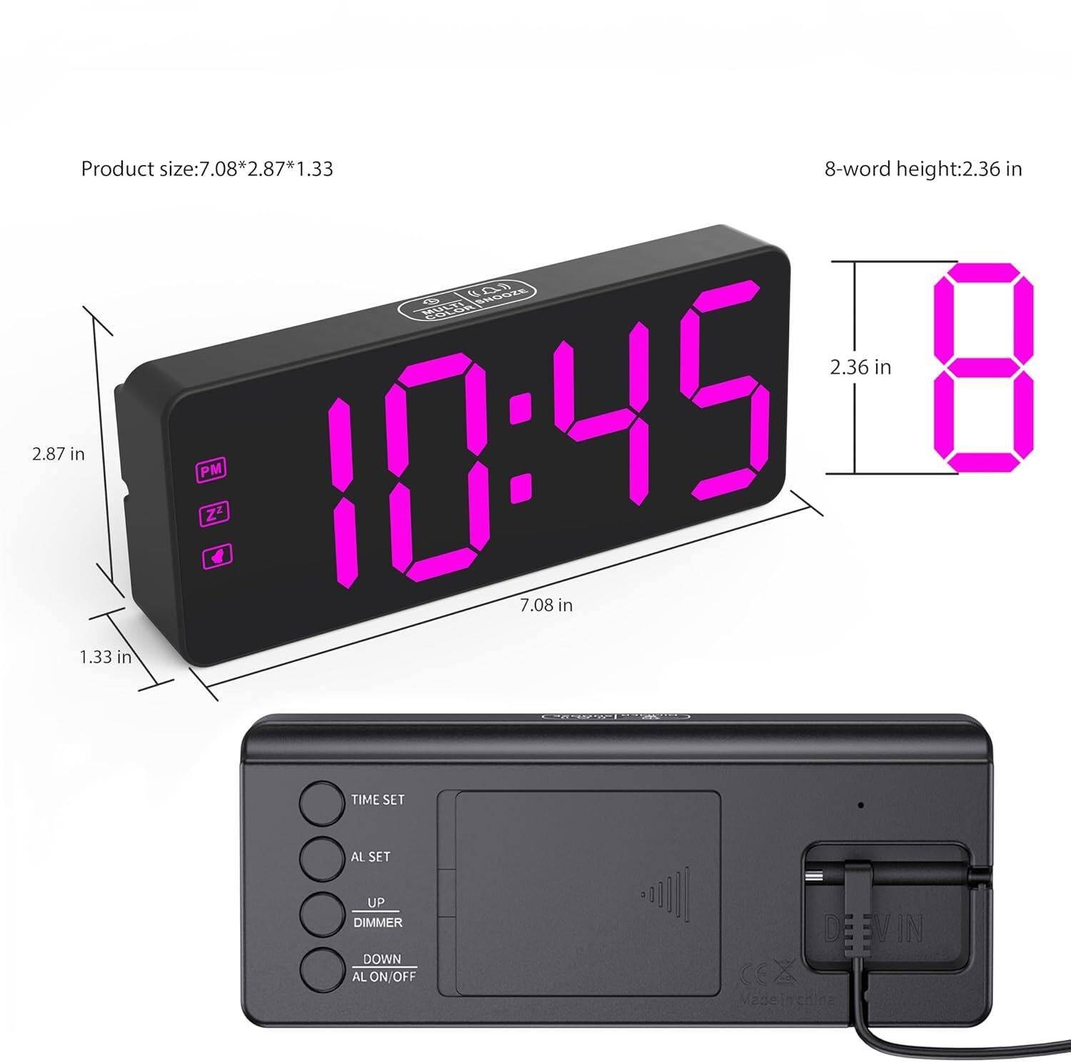 Product size: 7.08*2.87*1.33  
8-word height: 2.36 in  
7.08 in  
2.87 in  
1.33 in  
TIME SET  
AL SET  
UP  
DIMMER  
DOWN  
AL ON/OFF  
CX  
Made in China