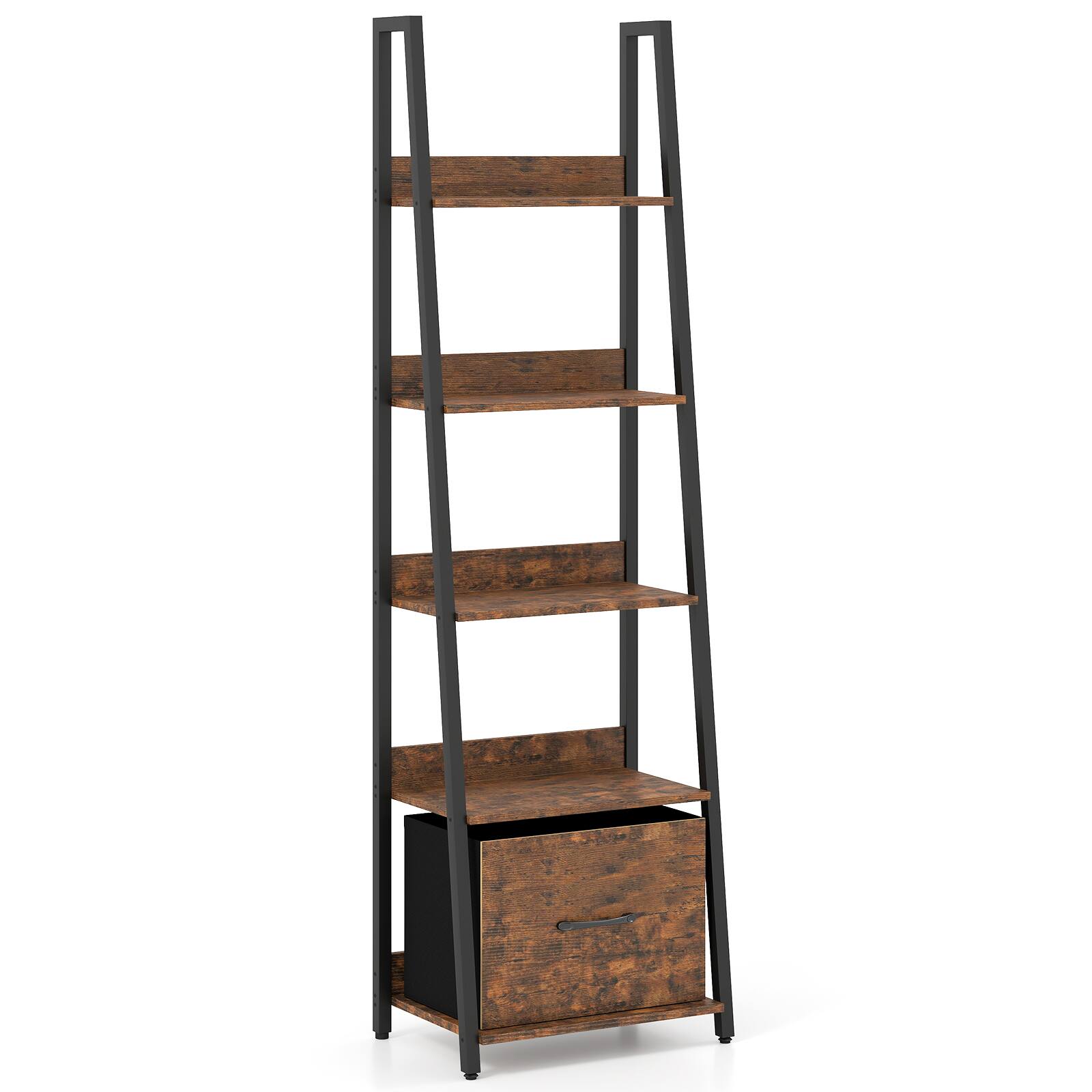 Alt View 9. Costway - Costway 1 PCS Ladder Bookshelf,Industrial Freestanding Bookcase with Removable Fabric Drawer - Rustic Brown.