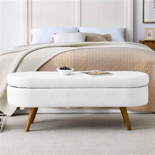 Front. SlickBlue - Mid-Century Modern Boho Storage Bench – Linen Upholstered Bedroom Seat - White.