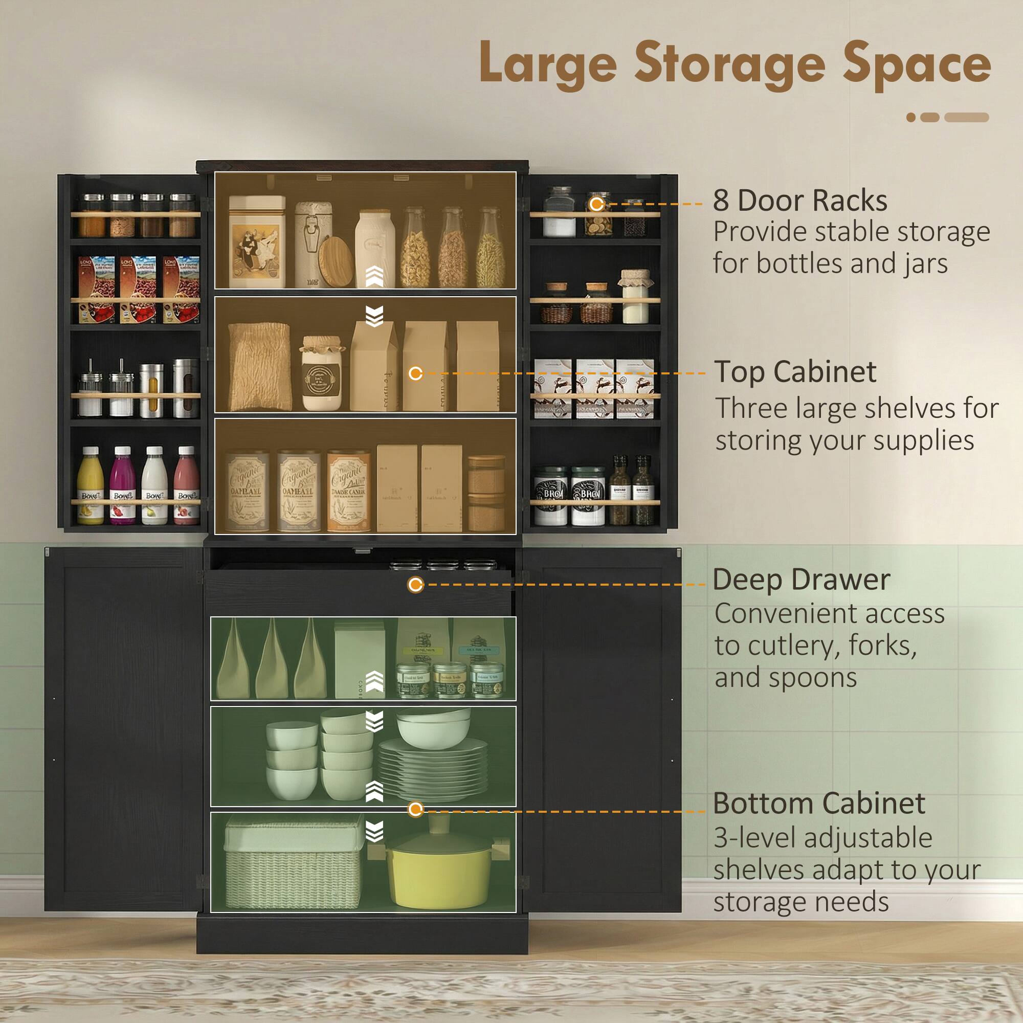 Large Storage Space

- 8 Door Racks
  Provide stable storage for bottles and jars

- Top Cabinet
  Three large shelves for storing your supplies

- Deep Drawer
  Convenient access to cutlery, forks, and spoons

- Bottom Cabinet
  3-level adjustable shelves adapt to your storage needs