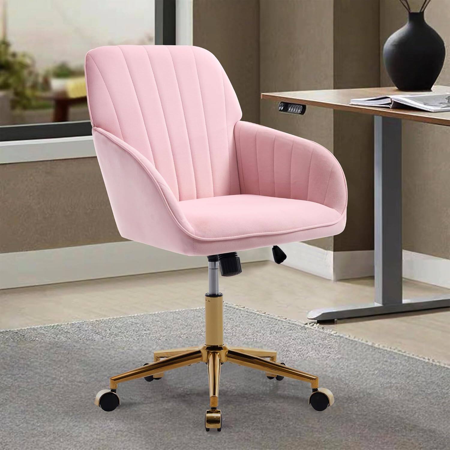 Alt View 5. Trinkets Crazed - 24.6" Velvet Office Chair, Ergonomic Swivel Desk Chair with Memory Foam Seat - Adjustable Height Computer Chair - pink.