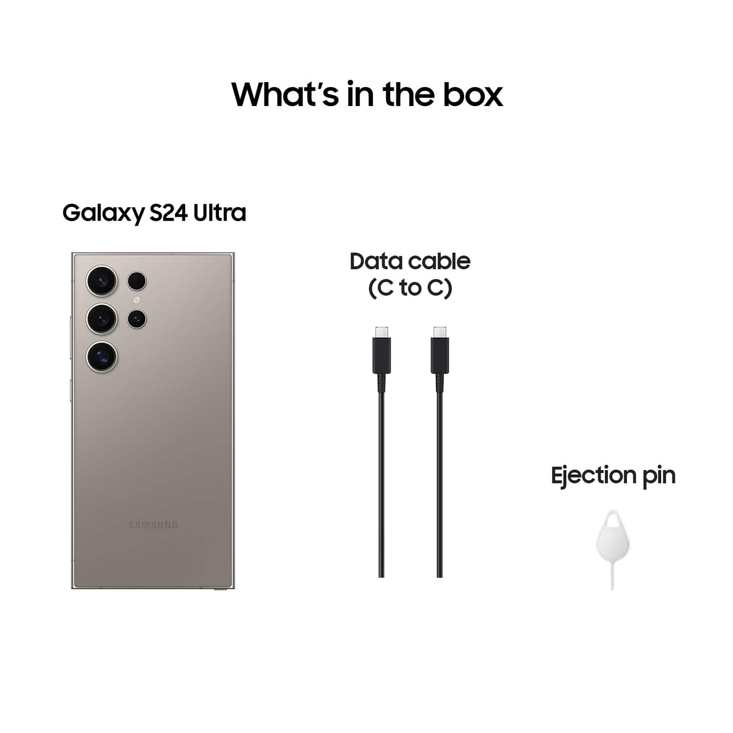 The image shows a Galaxy S24 Ultra smartphone, along with a data cable and an ejection pin. The data cable is connected to the smartphone, and the ejection pin is placed next to it. The box contains these items, which are essential for using the smartphone.