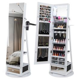 Gymax - 360° Swivel Jewelry Cabinet Full Length Mirror w/Built-in Lights White - White + Pink