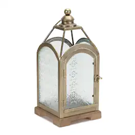 BreeBe - Metal Lantern with Ornate Glass 16"H - Pewter