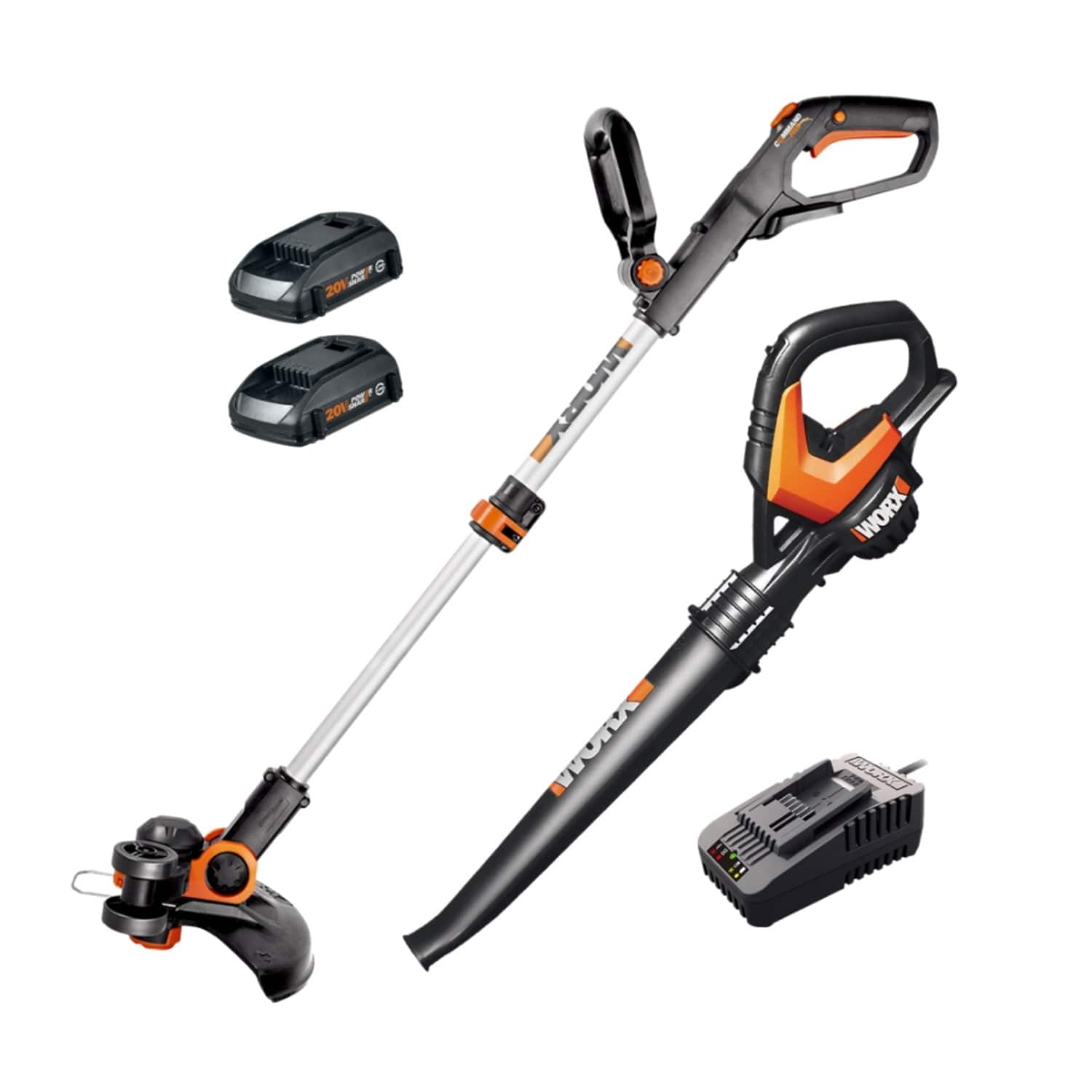 Front. WORX - 20V Cordless String Trimmer and Air Blower Combo Kit (2 x 2.0 Ah Batteries & 1 x Charger) - Black.
