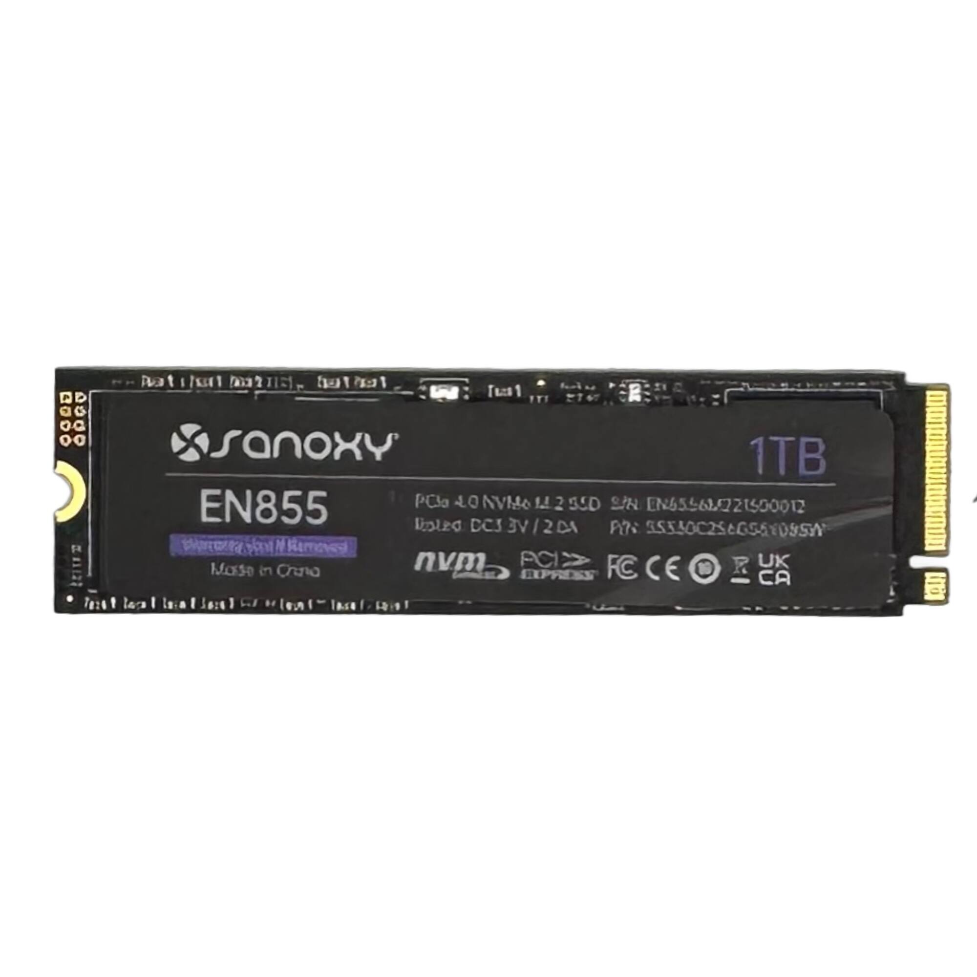 Sure, here is the corrected and grouped text from the image:

- **SanOXY**
- **EN855**
- **1TB**
- **PCIe 4.0 NVMe M.2 2280**
- **EN855A221500012**
- **NVM**
- **Made in China**
- **PCIe 3.0 / 2.0**
- **3V / 2A**
- **PIN: 5550C254G55109SW**
- **FC CE UK CA**
- **Express**
- **[8:91]**