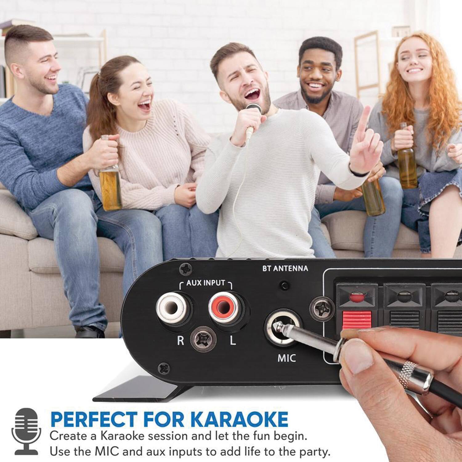 BT ANTENNA  
AUX INPUT R L  
MIC  

PERFECT FOR KARAOKE  
Create a Karaoke session and let the fun begin.  
Use the MIC and aux inputs to add life to the party.