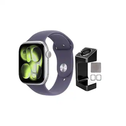 Front. Apple - Apple Watch Series 11 (GPS) 42mm Silver Aluminum Case with Purple Fog Sport Band - S/M With Accessories - Silver.