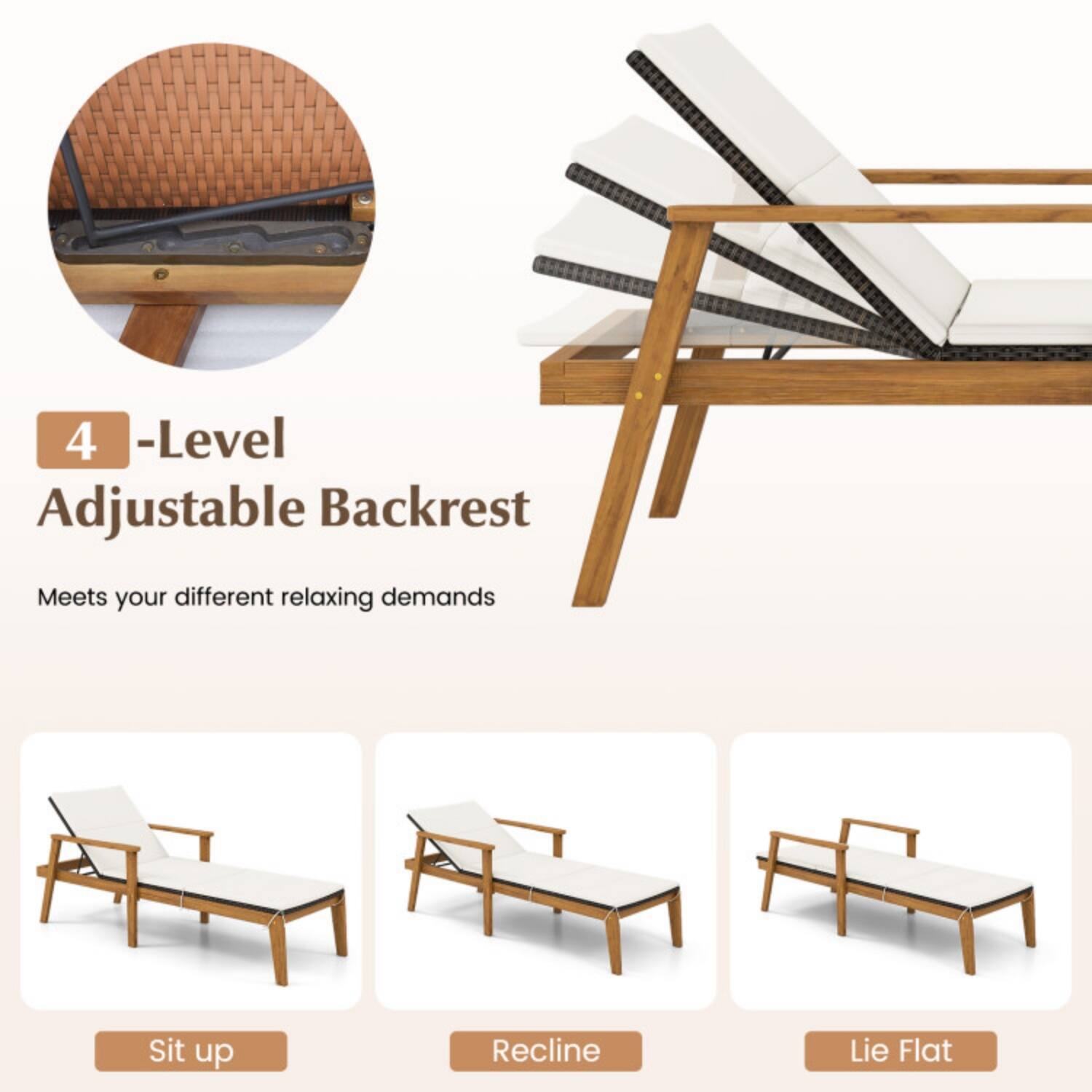 4-Level Adjustable Backrest  
Meets your different relaxing demands  

Sit up  
Recline  
Lie Flat