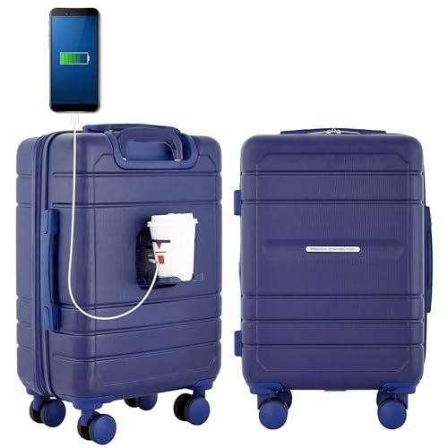 Front. DORLUKFU - St. Martin Carry-On Luggage with Cup Holder/USB Ports, Blue Depths - Blue Depths.