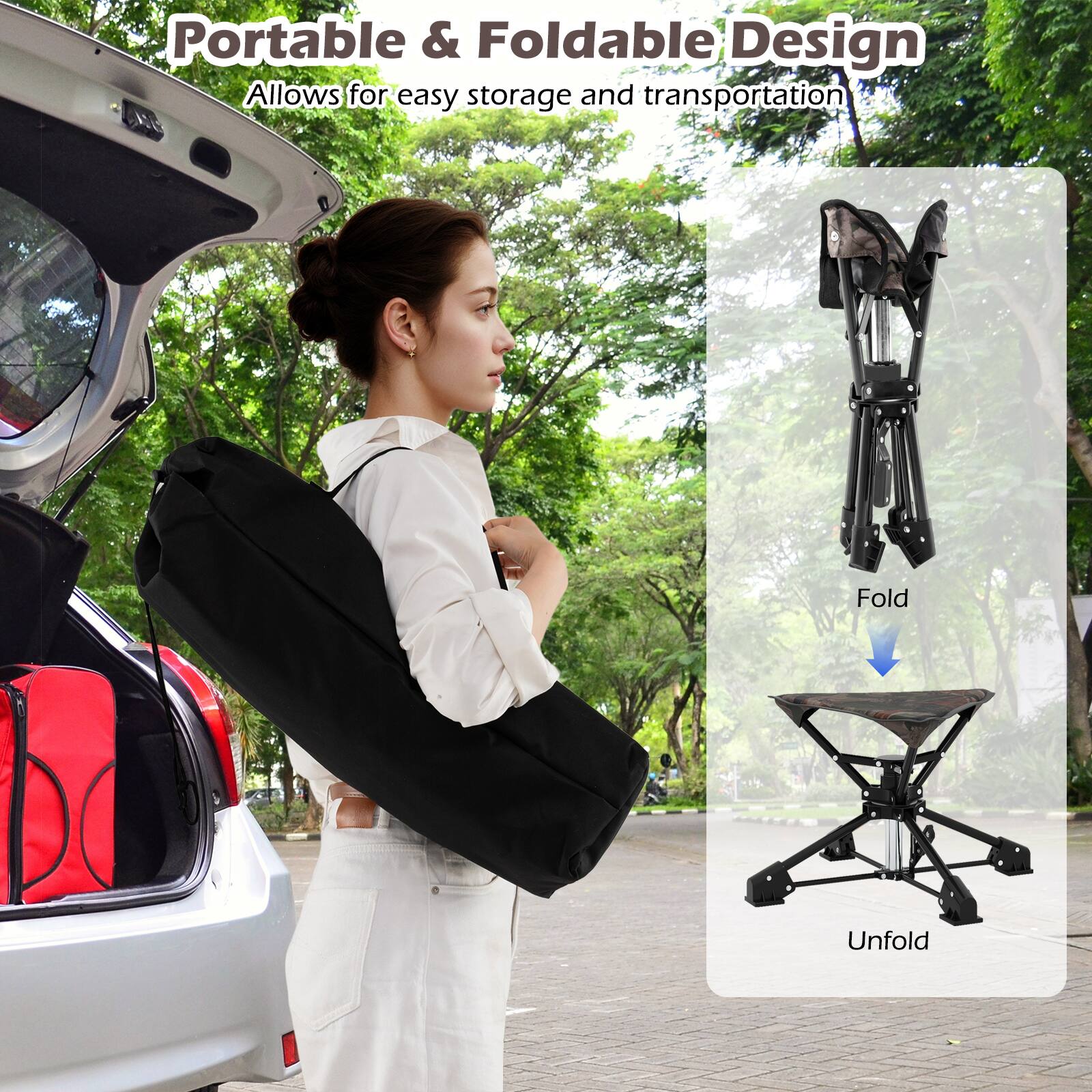Portable & Foldable Design  
Allows for easy storage and transportation  

Fold  
Unfold